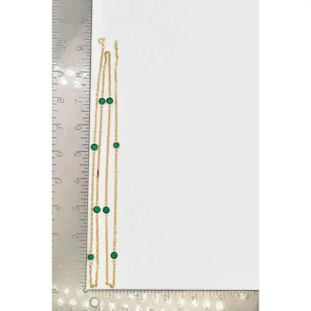 Vintage Green Open Bezel Crystal Necklace Station Chain Gold Tone 1980s BinBJ